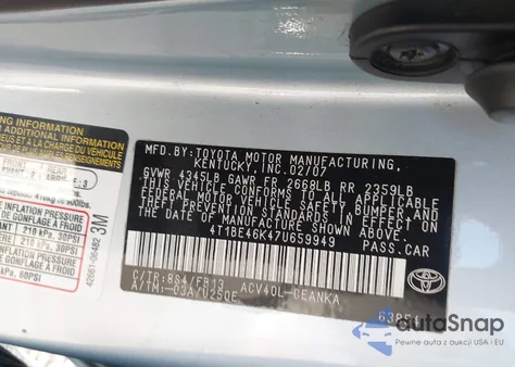 2007 Toyota Camry Le from USA, damaged, VIN 4T1BE46K47U659949